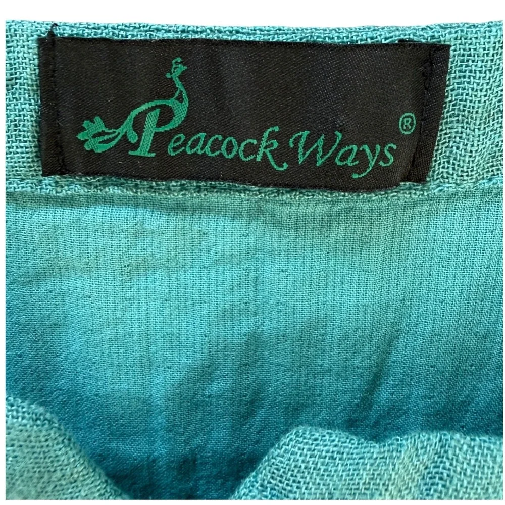 Peacock Ways 100% Linen Gauze Embroidered Tunic Dress Teal‎  Lagenlook Boho L